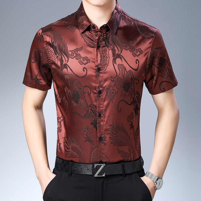 Mens Satin Silk Dress Shirt - Moda męska wzór jedwabna koszula lato