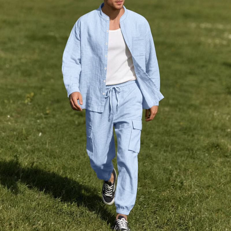 Mens Linen Shirt Long Sleeve - Męski lniany, oddychający dwuczęściowy zestaw z
