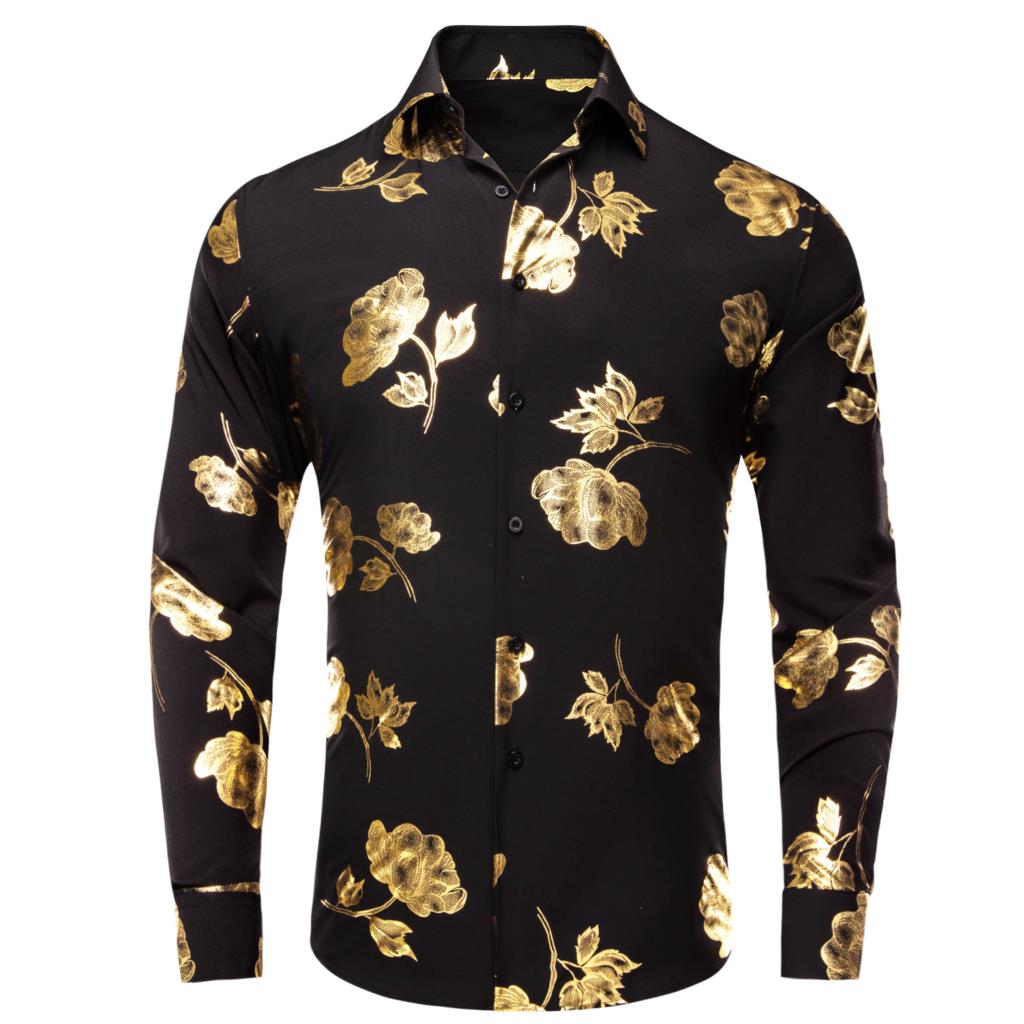 Mens Satin Silk Dress Shirt - Hi-Tie czarne złoty jedwab męskie koszule