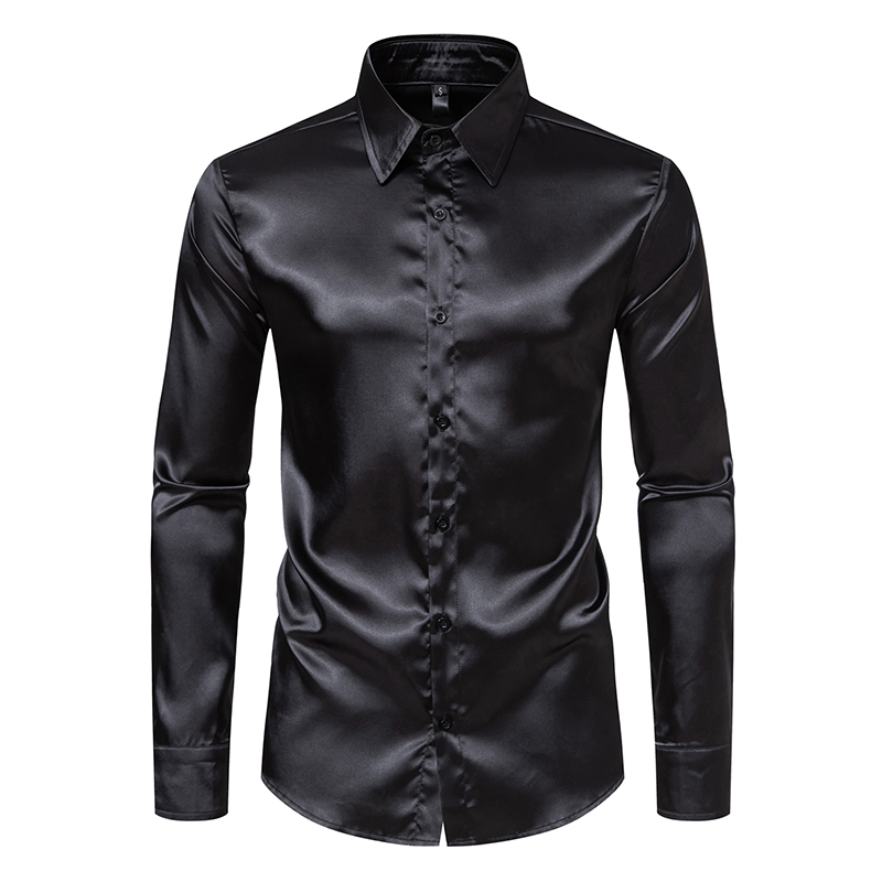 Mens Satin Silk Dress Shirt - Męskie czarne satynowe luksusowe koszule sukienka