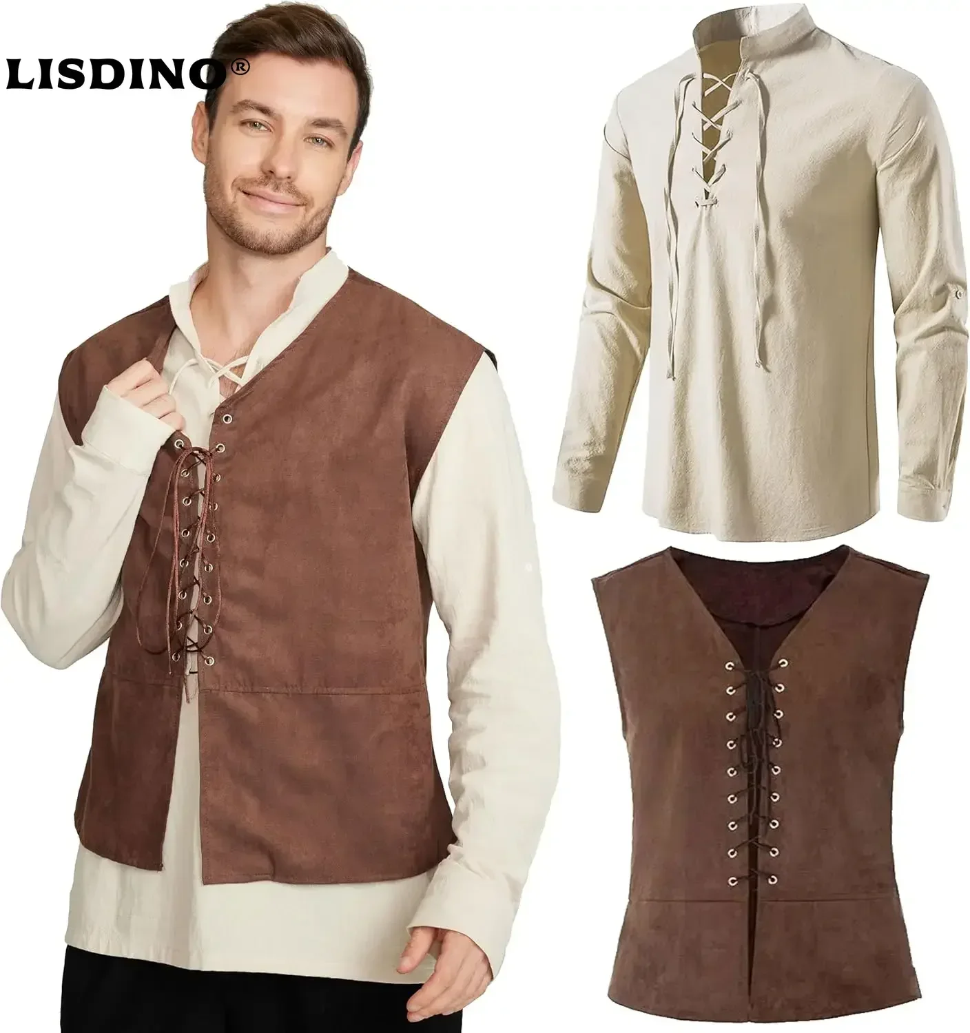 Medieval Gothic Lace Up Pirate Shirt - 2-częściowy zestaw męski: średniowieczna piracka kamizelka,