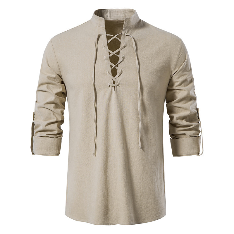 Mens Linen Shirt Long Sleeve - Męska koszula średniowieczna sznurowana z bawełny