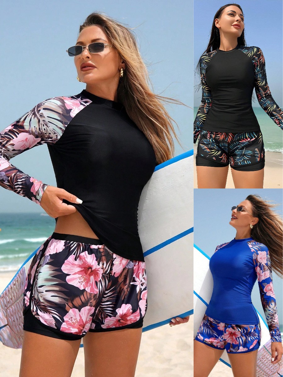 Shorts - Tankini Y2K damskie z długim rękawem,