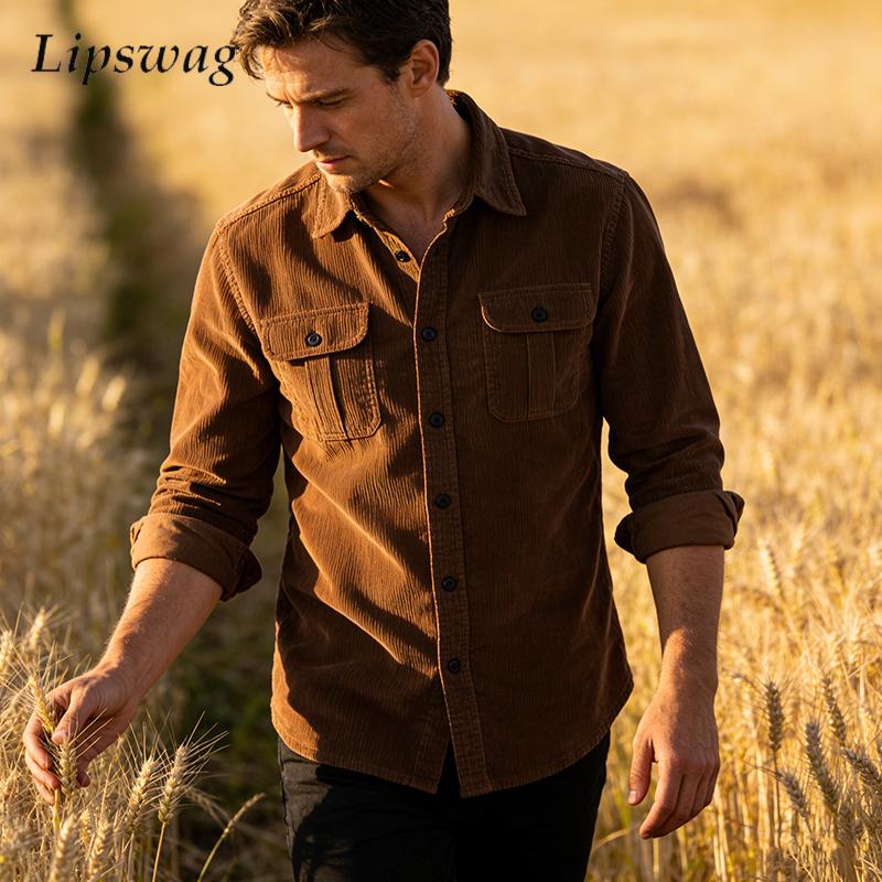Corduroy Button Up Shirt Men - Męskie kurtki koszulowe z sztruksu w