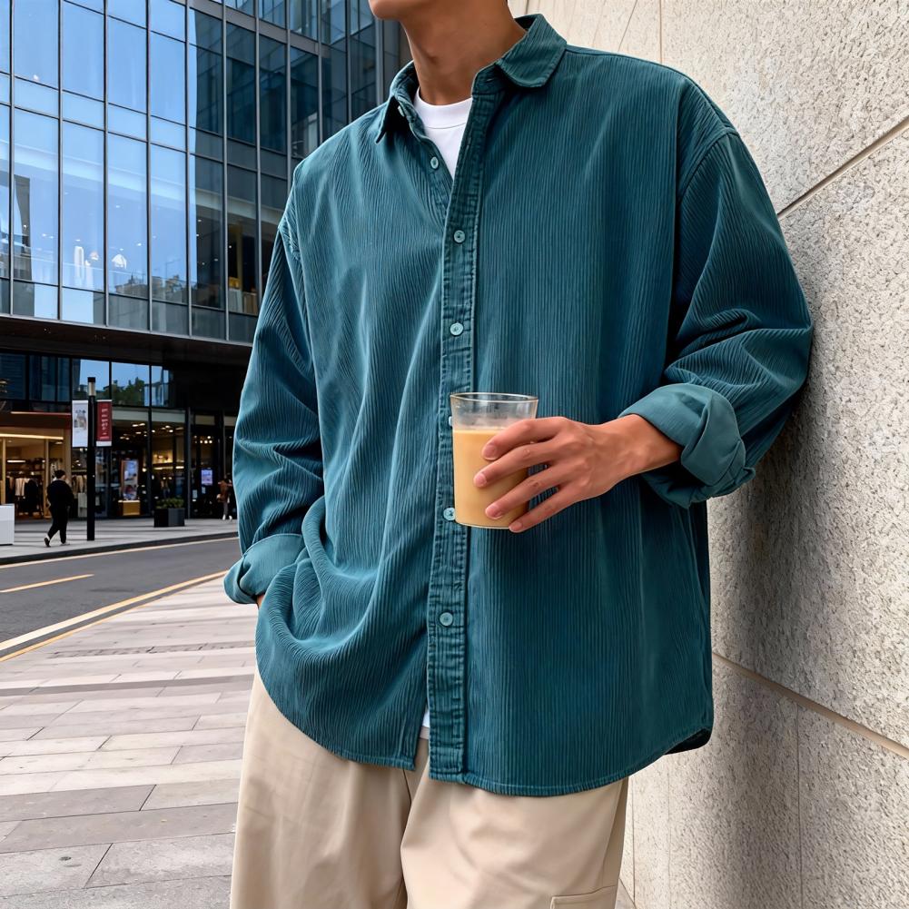 Corduroy Button Up Shirt Men - Nowa męska koszula sztruksowa o luźnym