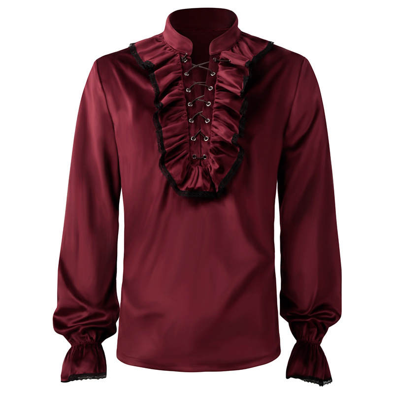 Medieval Gothic Lace Up Pirate Shirt - Czerwone zasznurowane falbany rękawy typu lampion