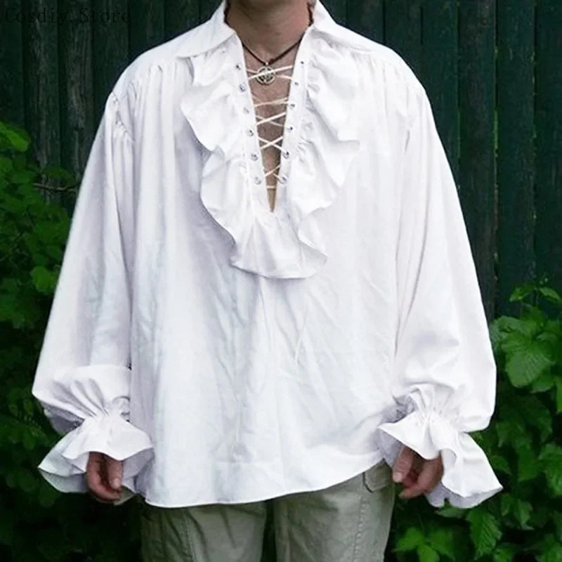 Medieval Gothic Lace Up Pirate Shirt - Kostium Średniowieczny Pirat Halloween Wampir Męski