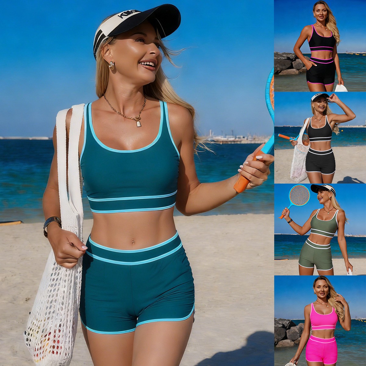 Shorts - Oliwkowozielone bikini, bezrękawnik, krótki top, szorty