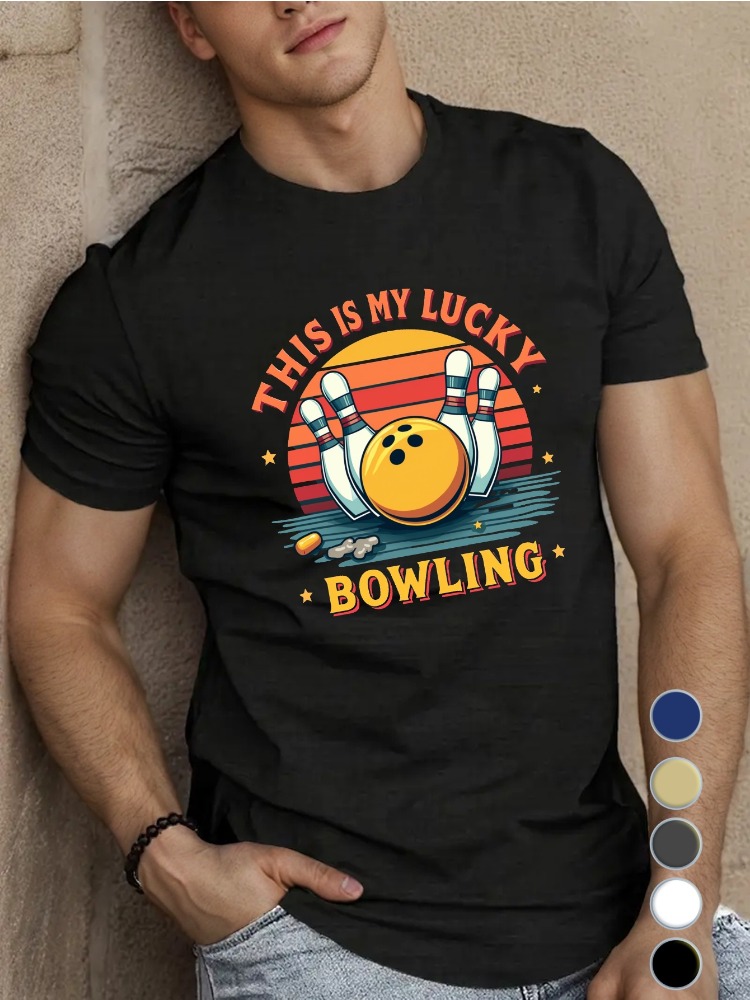 Short Sleeve Bowling Shirt Retro - Królewski Niebieski Męski T-shirt z Okrągłym
