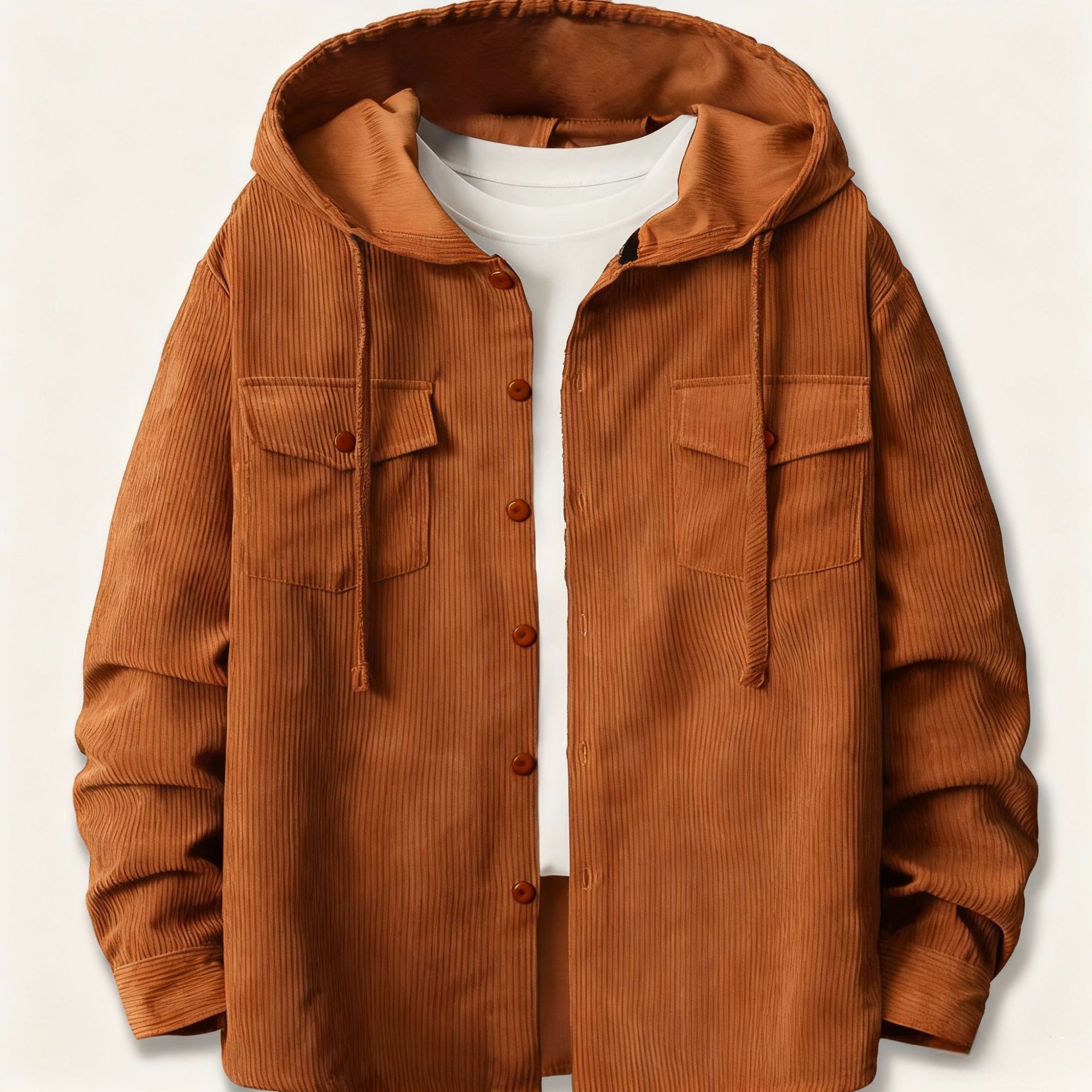 Corduroy Button Up Shirt Men - Męska luźna koszula sztruksowa z kapturem,