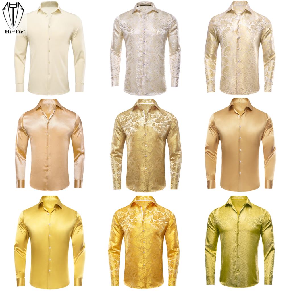 Mens Satin Silk Dress Shirt - Hity-Tie Gold beżowa kość słoniowa szampan