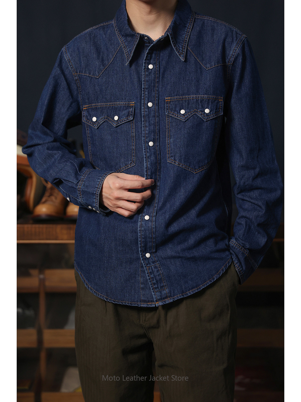 Mens Western Denim Pearl Snap Shirt - Amerykańska koszula dżinsowa w stylu retro