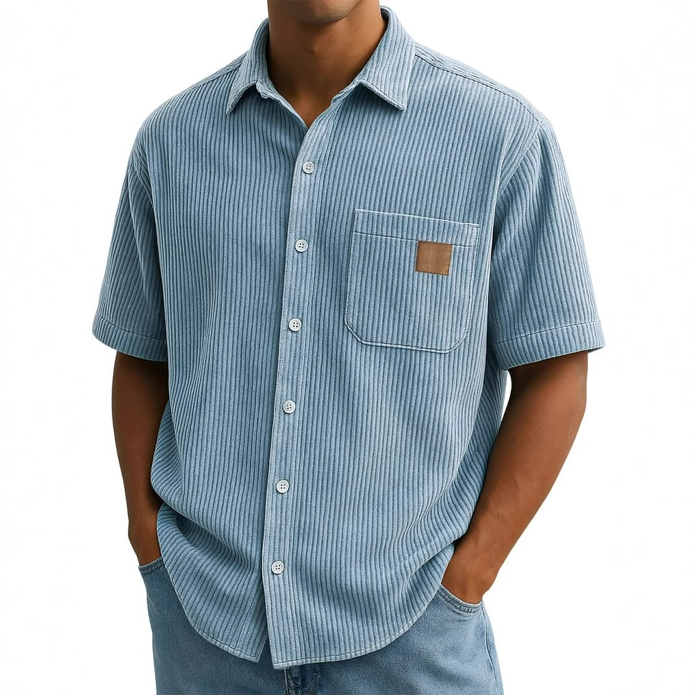 Corduroy Button Up Shirt Men - Męska koszula sztruksowa z krótkim rękawem,