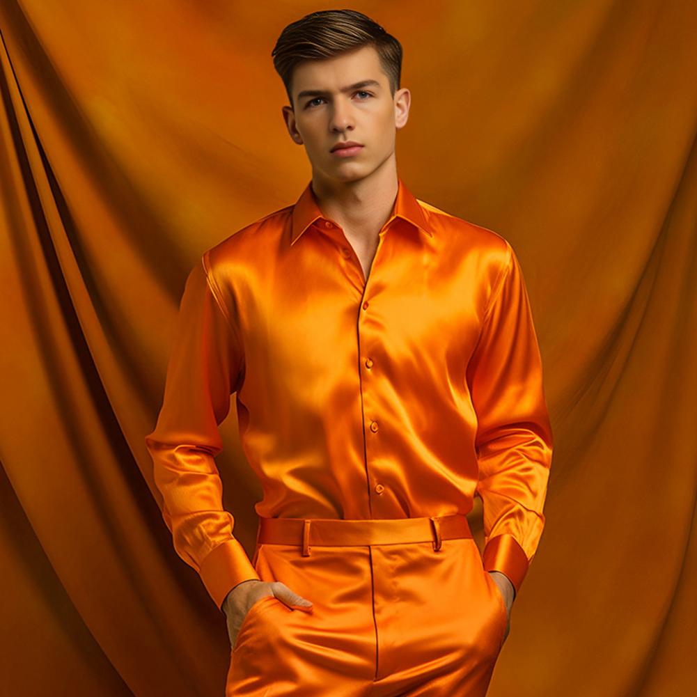 Niebieska Pomarańczowa Czerwon – Mens Satin Silk Dress Shirt recenzja i cena
