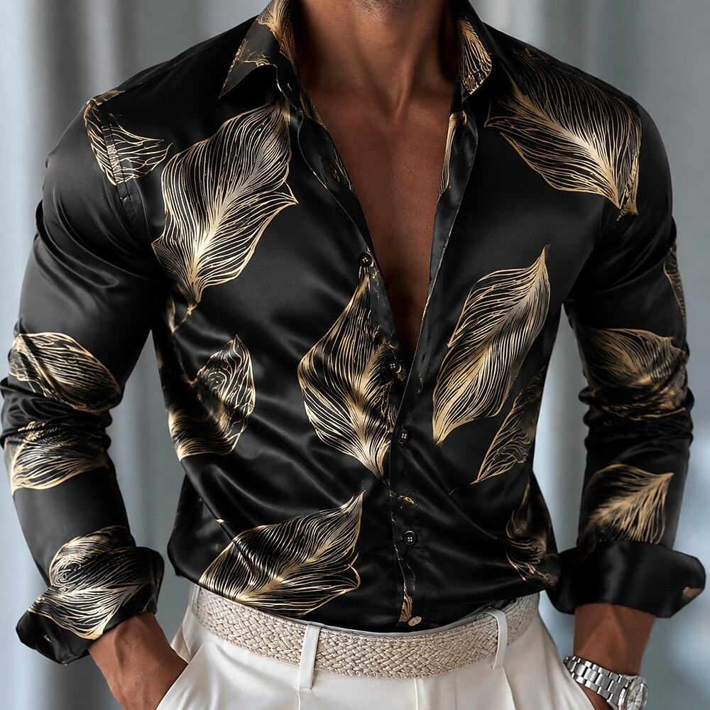 Męska koszula satynowa w liści – Mens Satin Silk Dress Shirt recenzja i cena