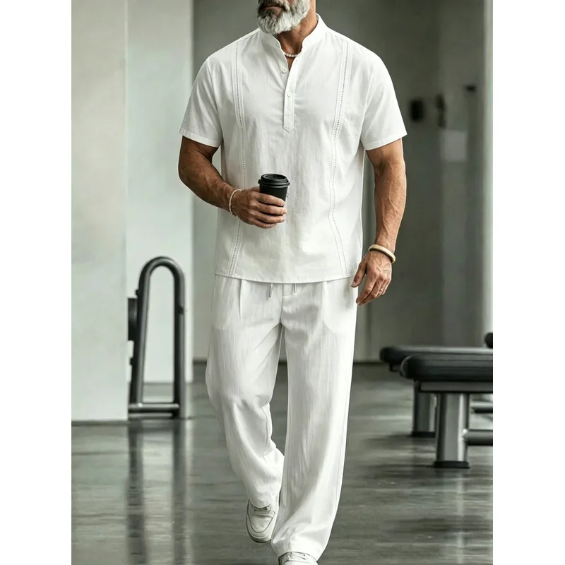 Męski lniany zestaw casualowy  – Mens Linen Shirt Long Sleeve recenzja i cena