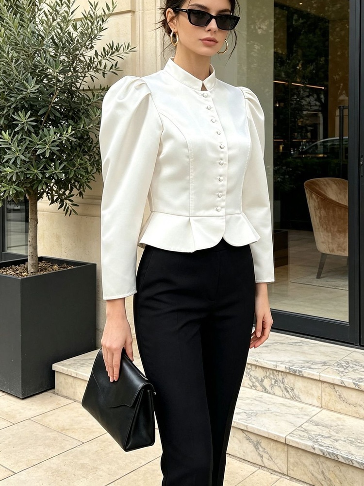 Bluzka z peplumem, długi rękaw – Mandarin Collar Formal Shirt Slim Fit recenzja i cena